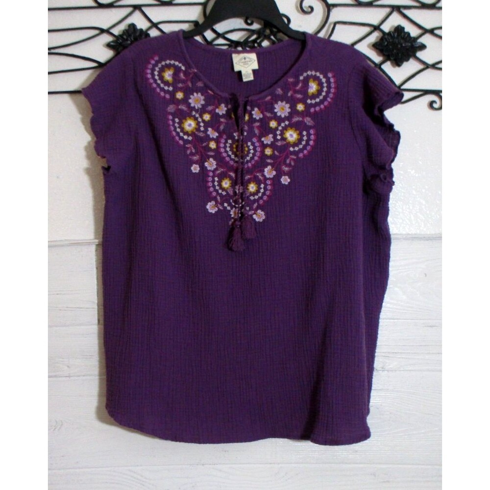 St. John's Bay Women's Boho Top Size XL Purple Floral Short Sleeve Round Neck